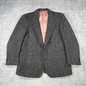 Sears Harris Tweed Blazer Mens Large Grey Vintage Herringbone Wool Sport Coat